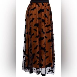 🆕 NWT | Chic Black and Burnt Orange Bat Print Skirt, Size S/M